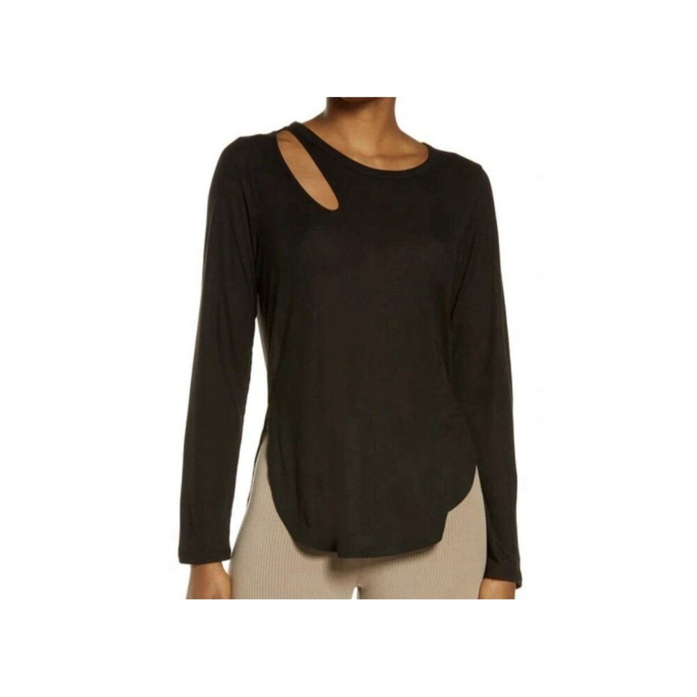 Alo Ribbed Peak Long Sleeve Top Women's Small Black Stretchy Knit Yoga Pilates